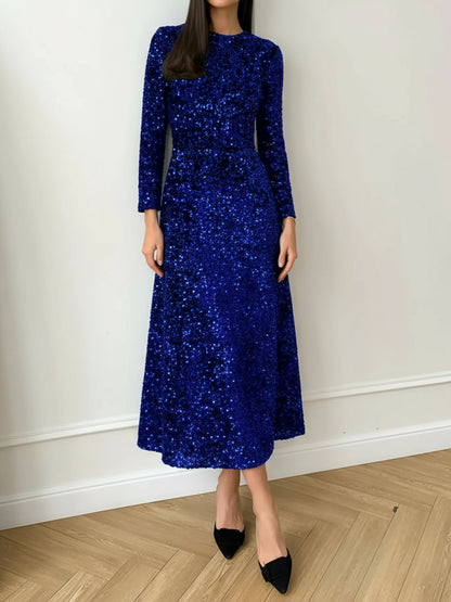 Velvet Sequin Crew Neck Long Sleeves A-Line Midi Dress