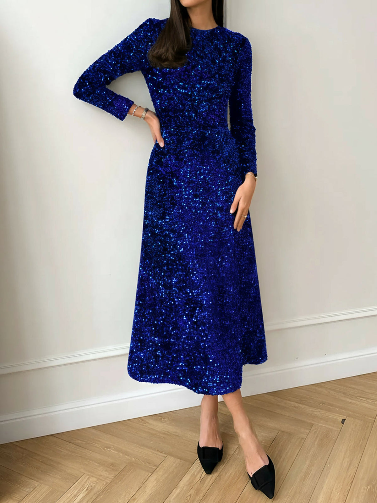 Velvet Sequin Crew Neck Long Sleeves A-Line Midi Dress