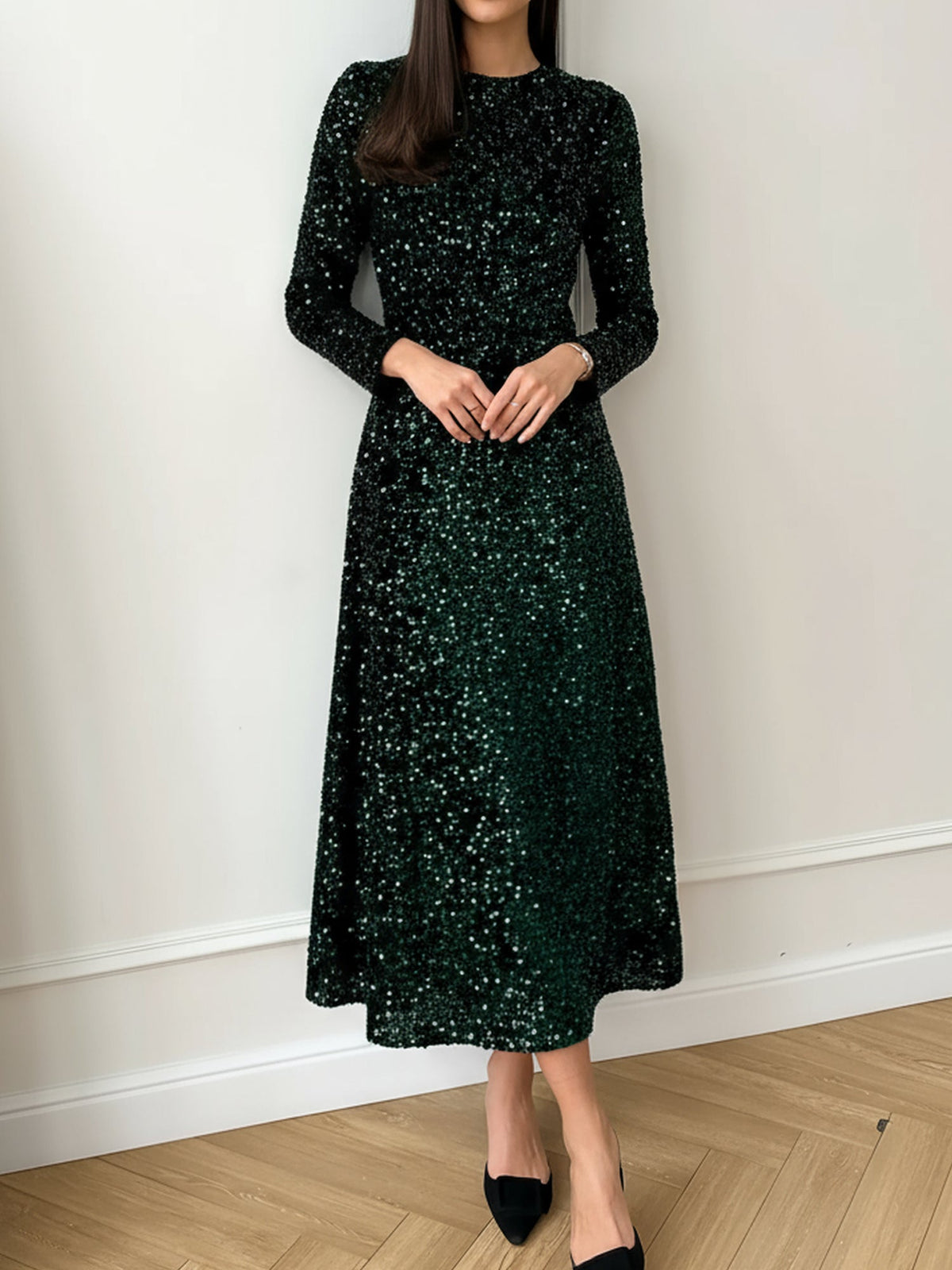 Velvet Sequin Crew Neck Long Sleeves A-Line Midi Dress