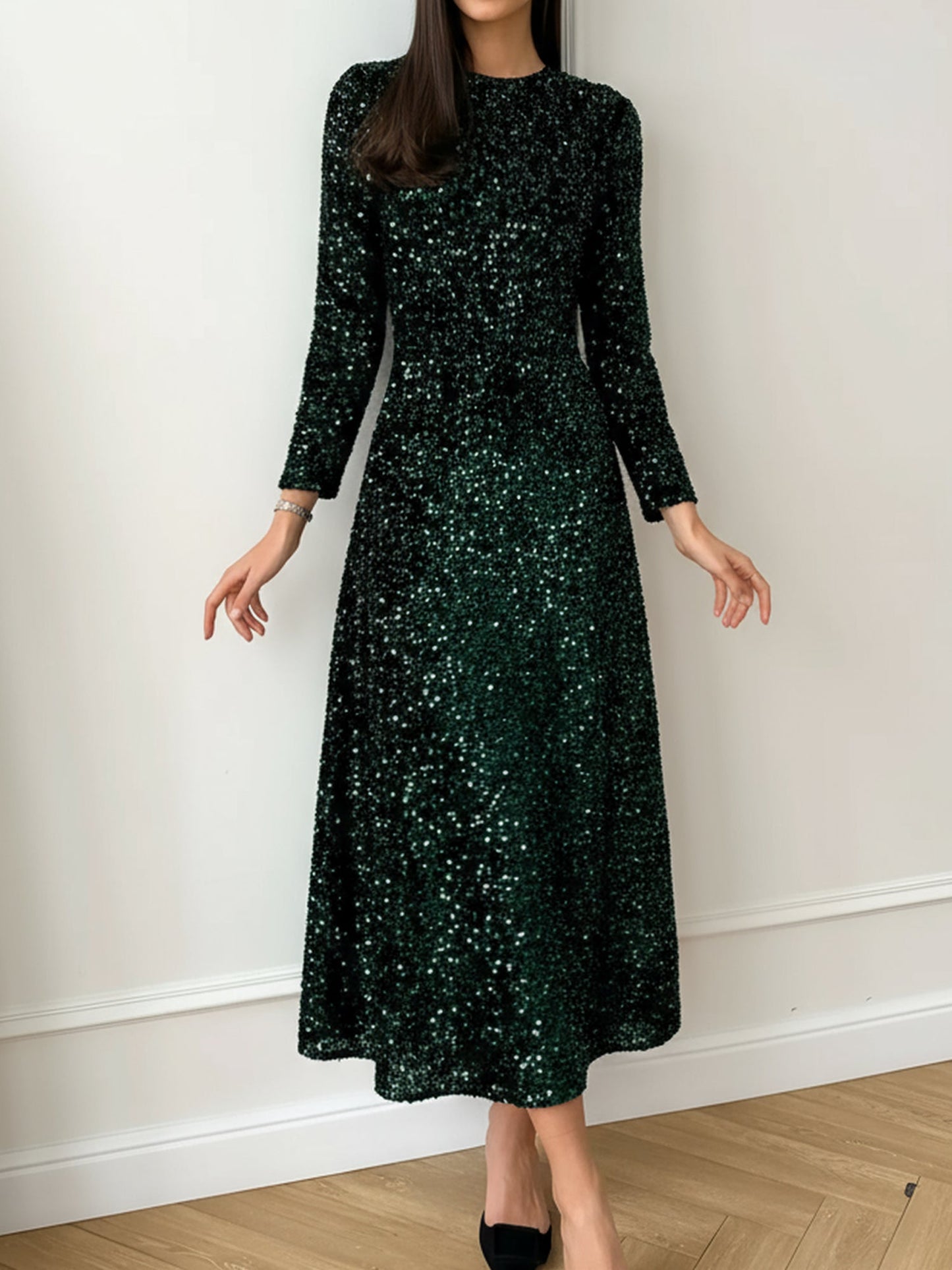 Velvet Sequin Crew Neck Long Sleeves A-Line Midi Dress