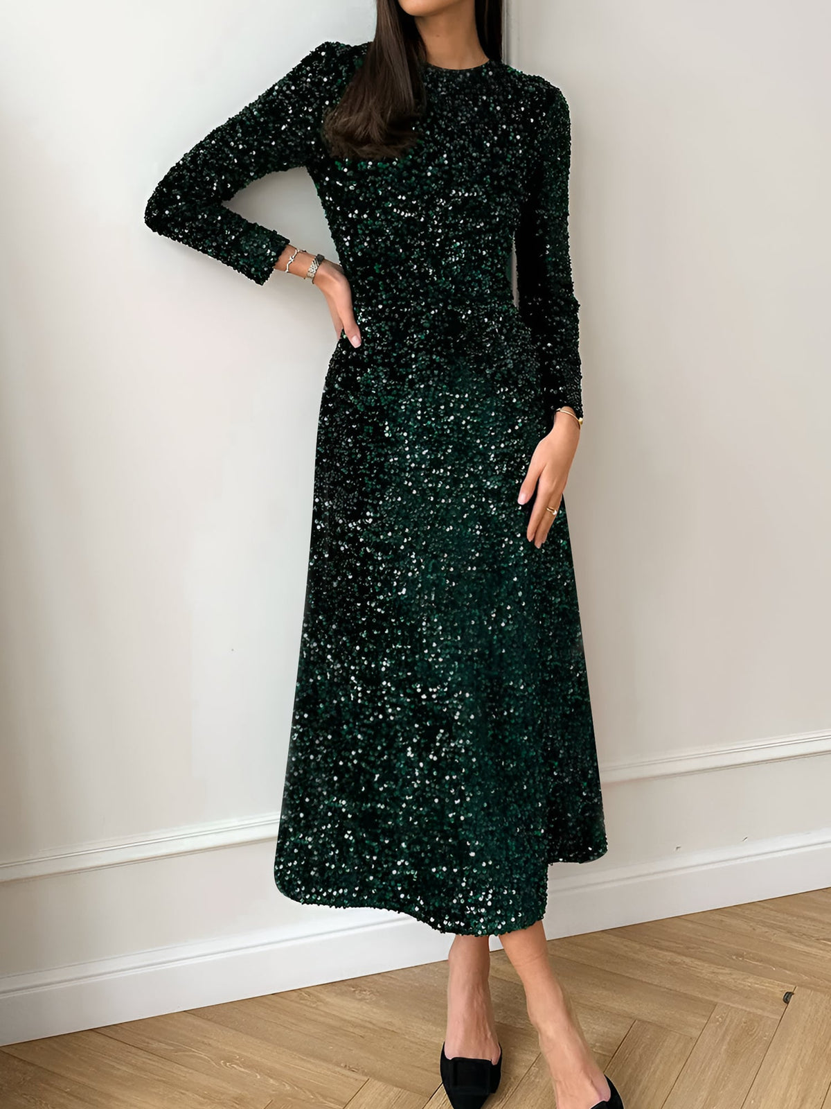 Velvet Sequin Crew Neck Long Sleeves A-Line Midi Dress