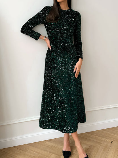 Velvet Sequin Crew Neck Long Sleeves A-Line Midi Dress
