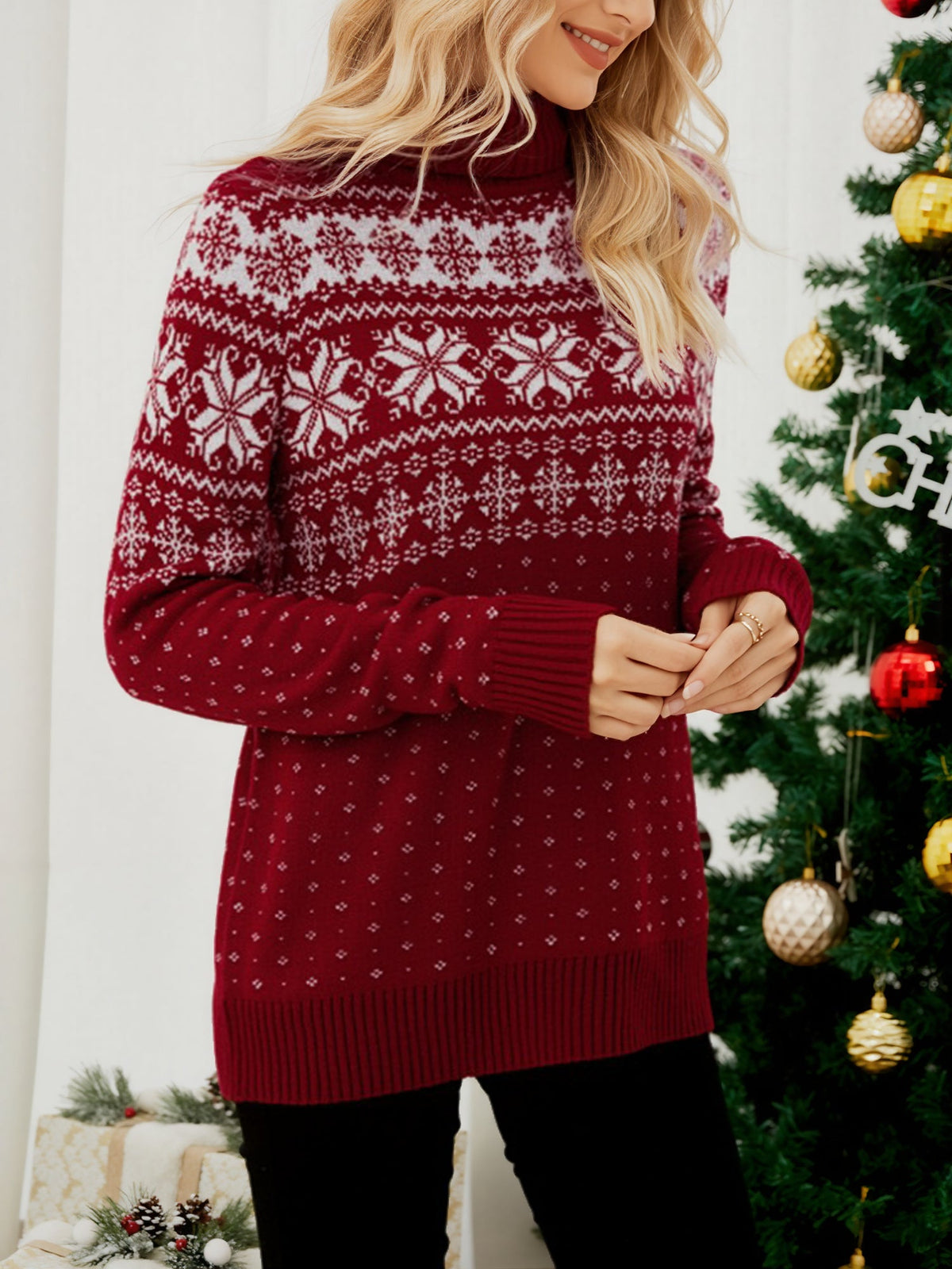 Turtleneck Christmas Snowflake Knitted Ski Sweater