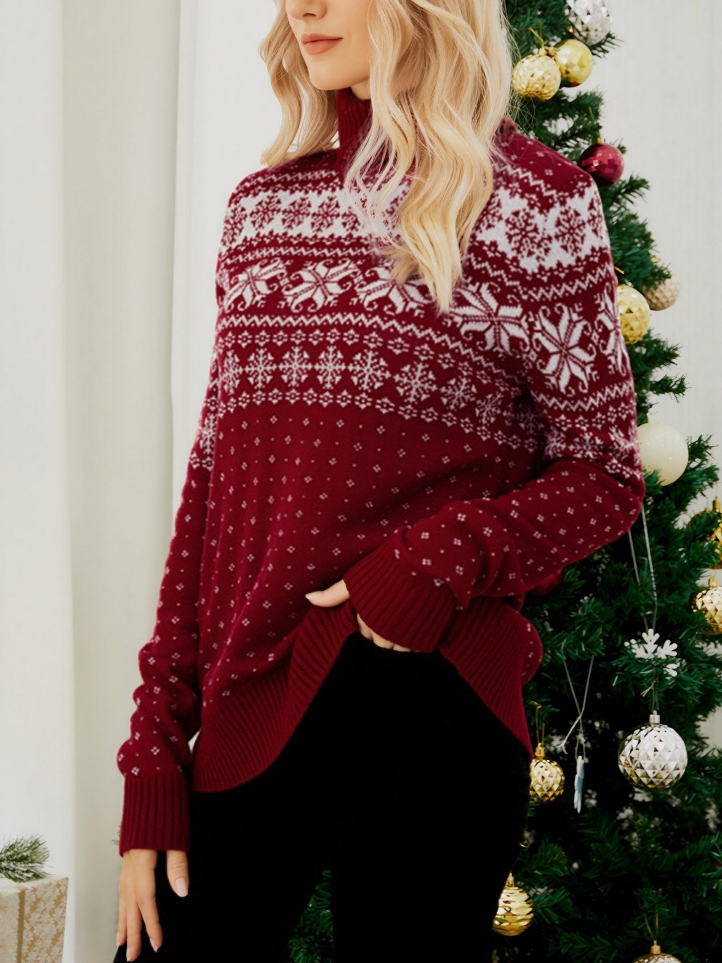 Turtleneck Christmas Snowflake Knitted Ski Sweater