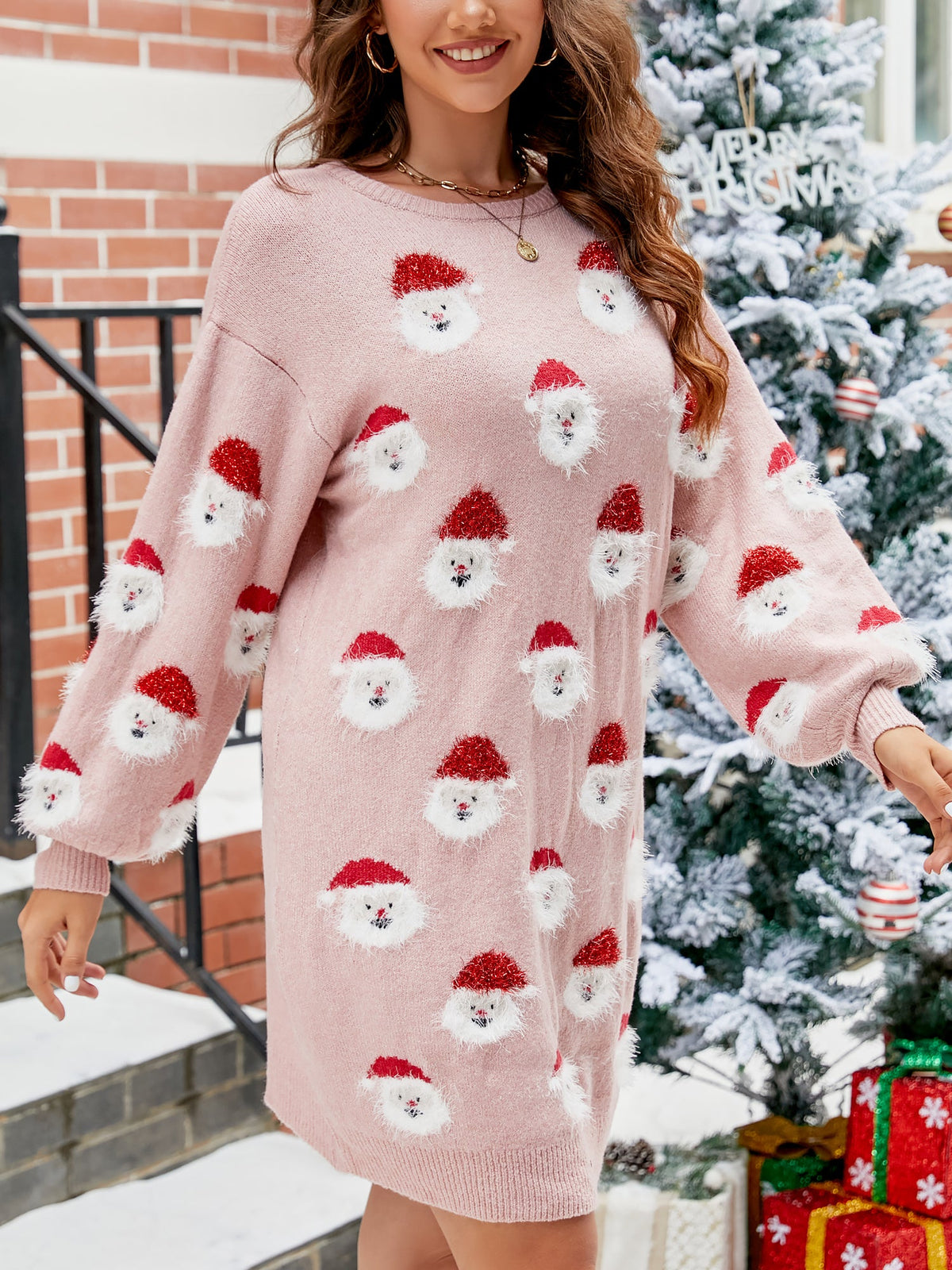 Christmas Santa Claus Puff Sleeves Sweater Dress