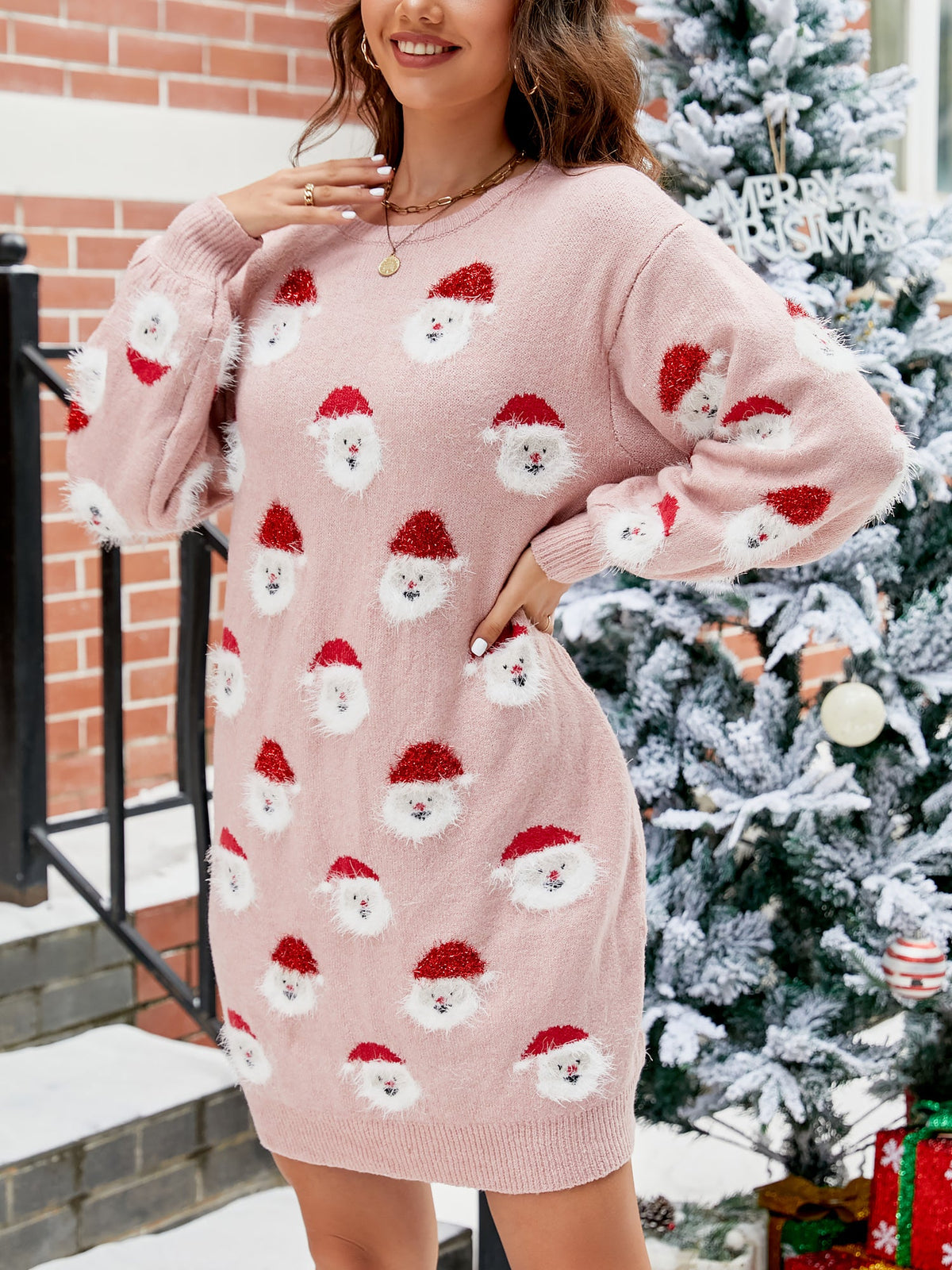 Christmas Santa Claus Puff Sleeves Sweater Dress