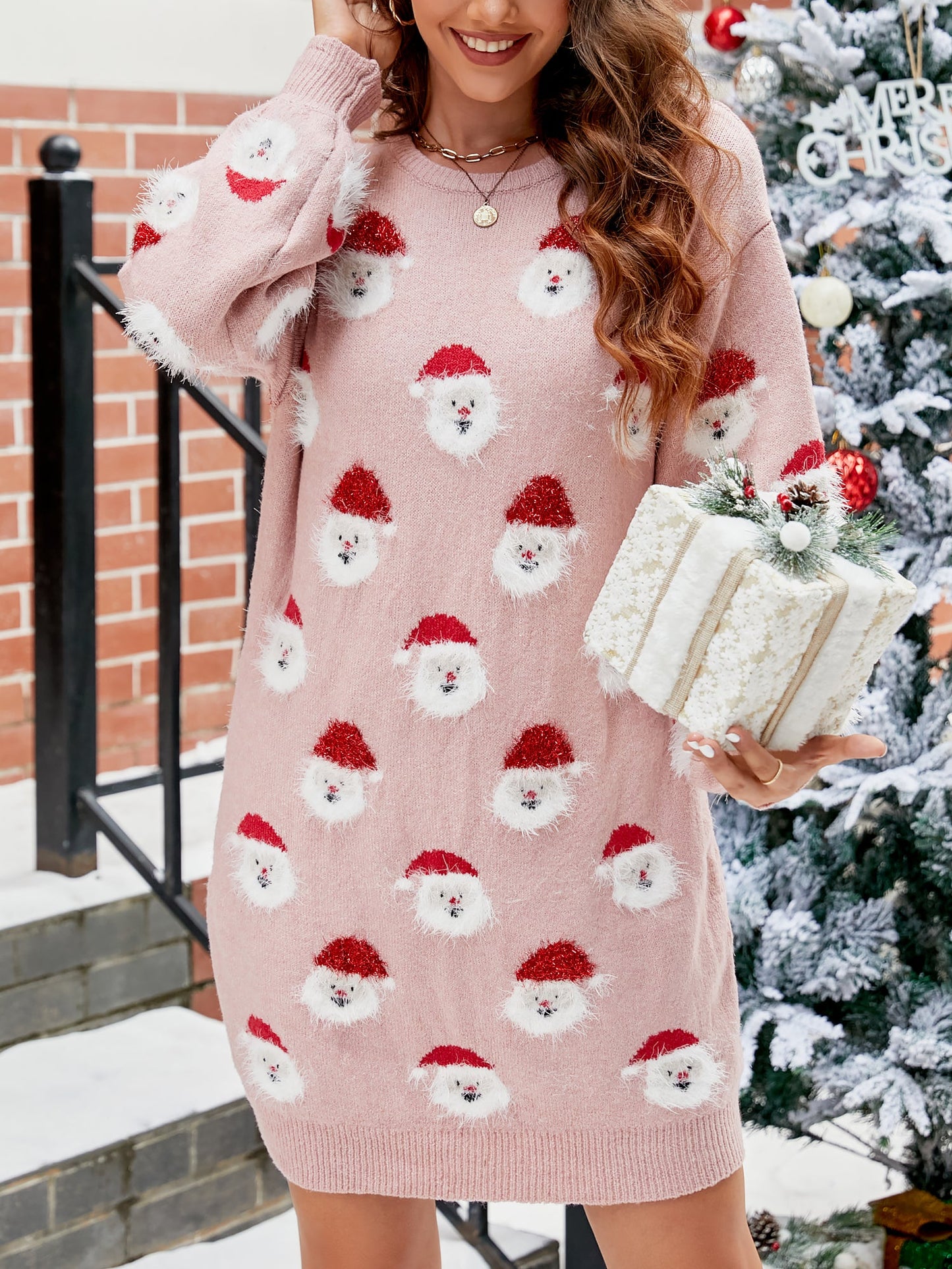 Christmas Santa Claus Puff Sleeves Sweater Dress