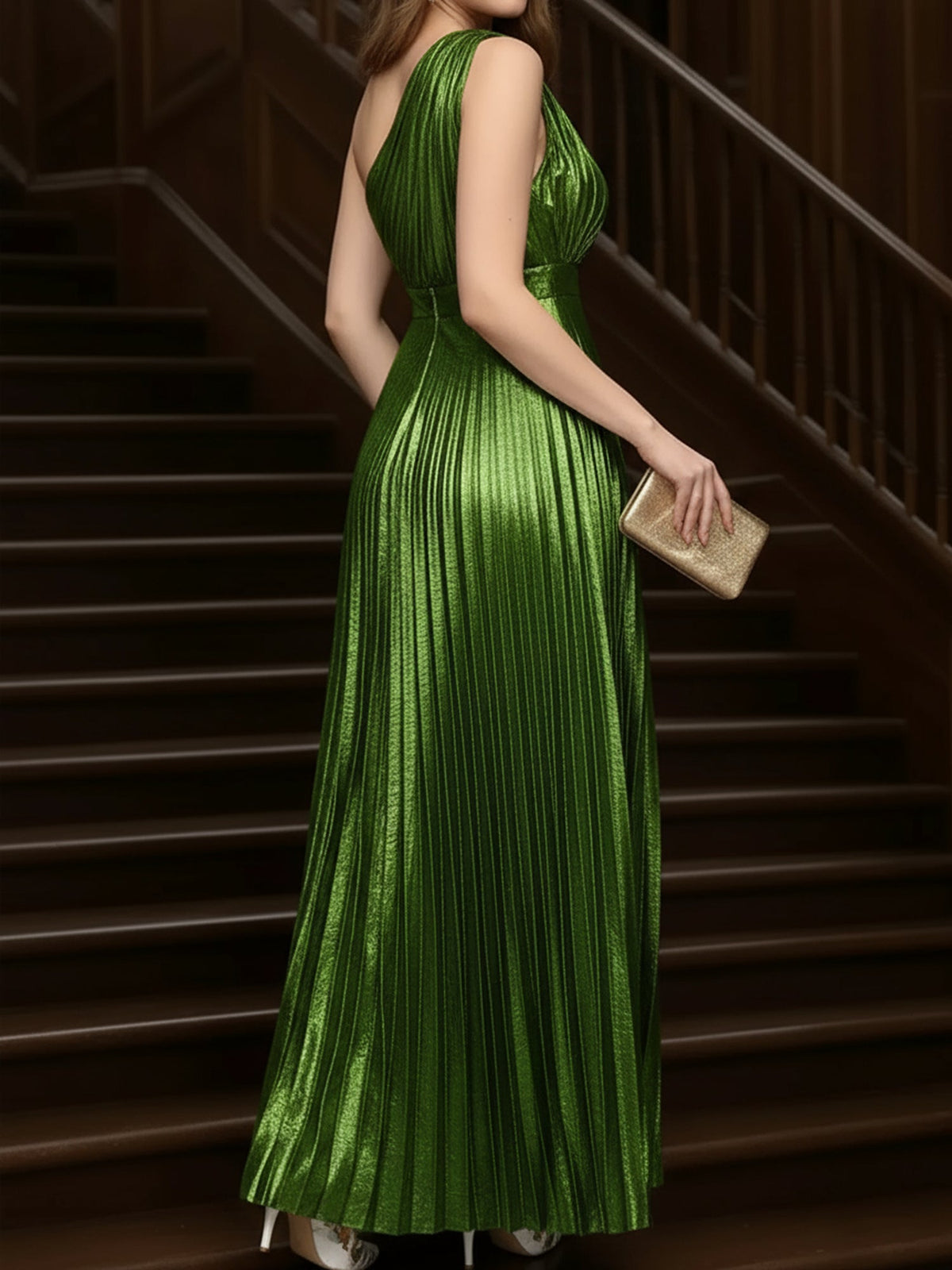 Ruched One Shoulder Pleated Maxi Evening Dress
