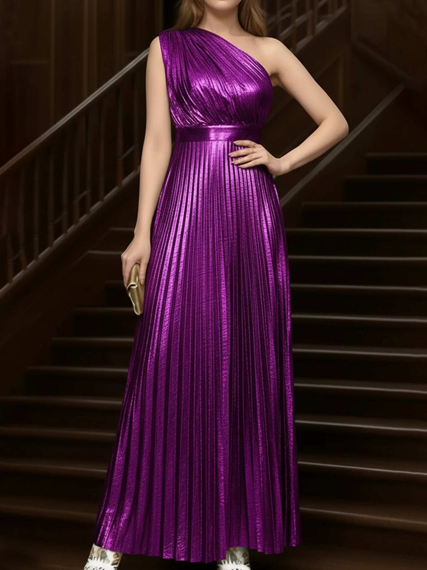 Ruched One Shoulder Pleated Maxi Evening Dress