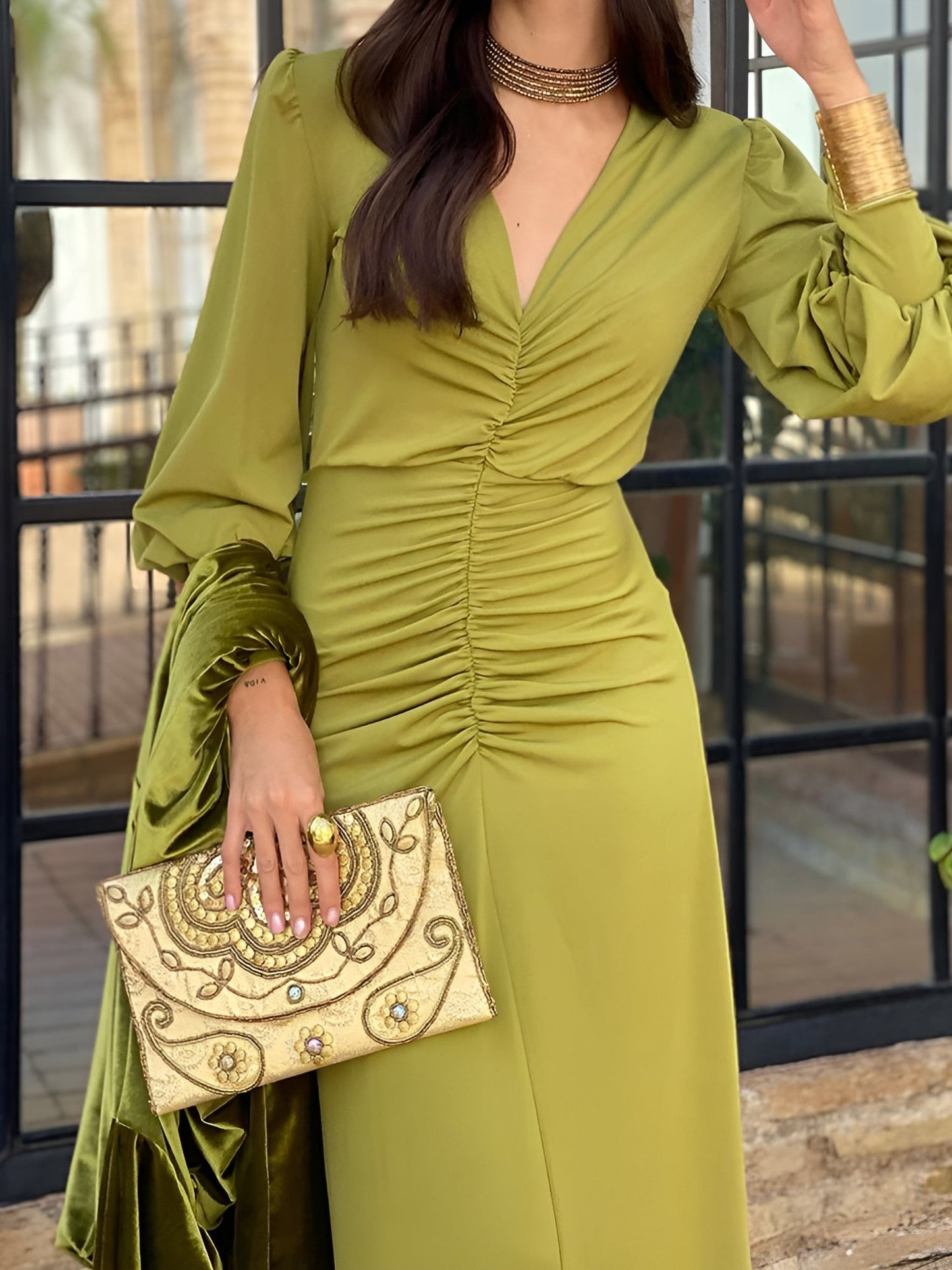 Ruched Deep V Neck Puff Sleeves Maxi Evening Dress