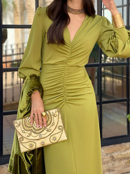 Ruched Deep V Neck Puff Sleeves Maxi Evening Dress