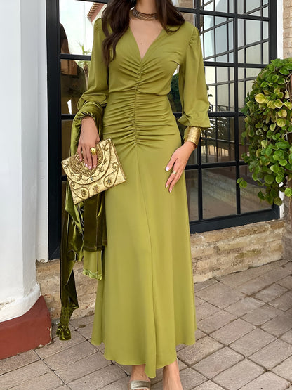 Ruched Deep V Neck Puff Sleeves Maxi Evening Dress