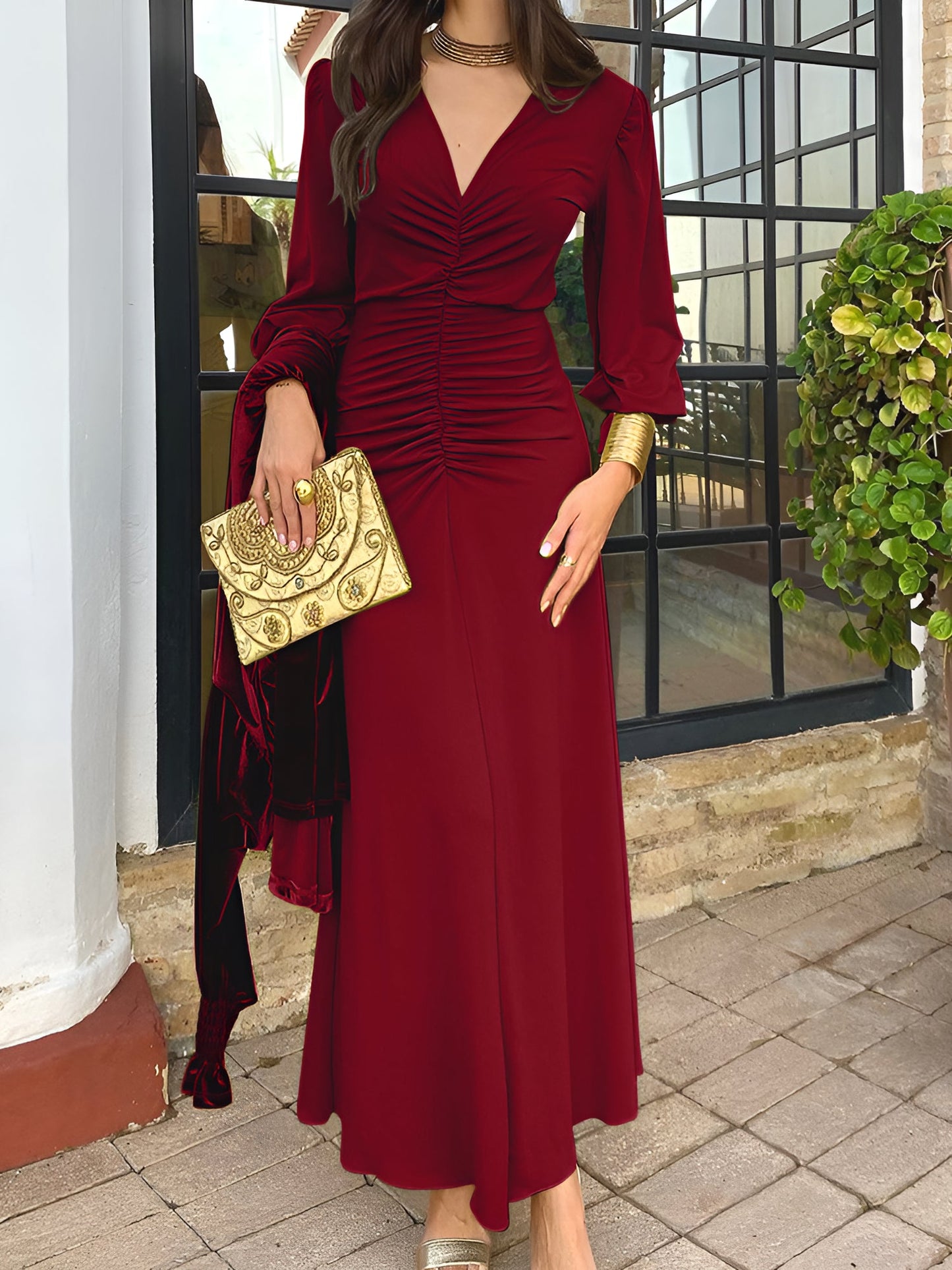 Ruched Deep V Neck Puff Sleeves Maxi Evening Dress