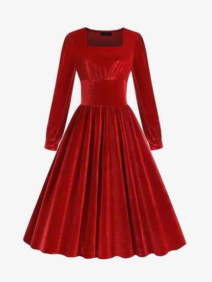 Square Neck Long Sleeve Velvet Christmas A-Line Dress