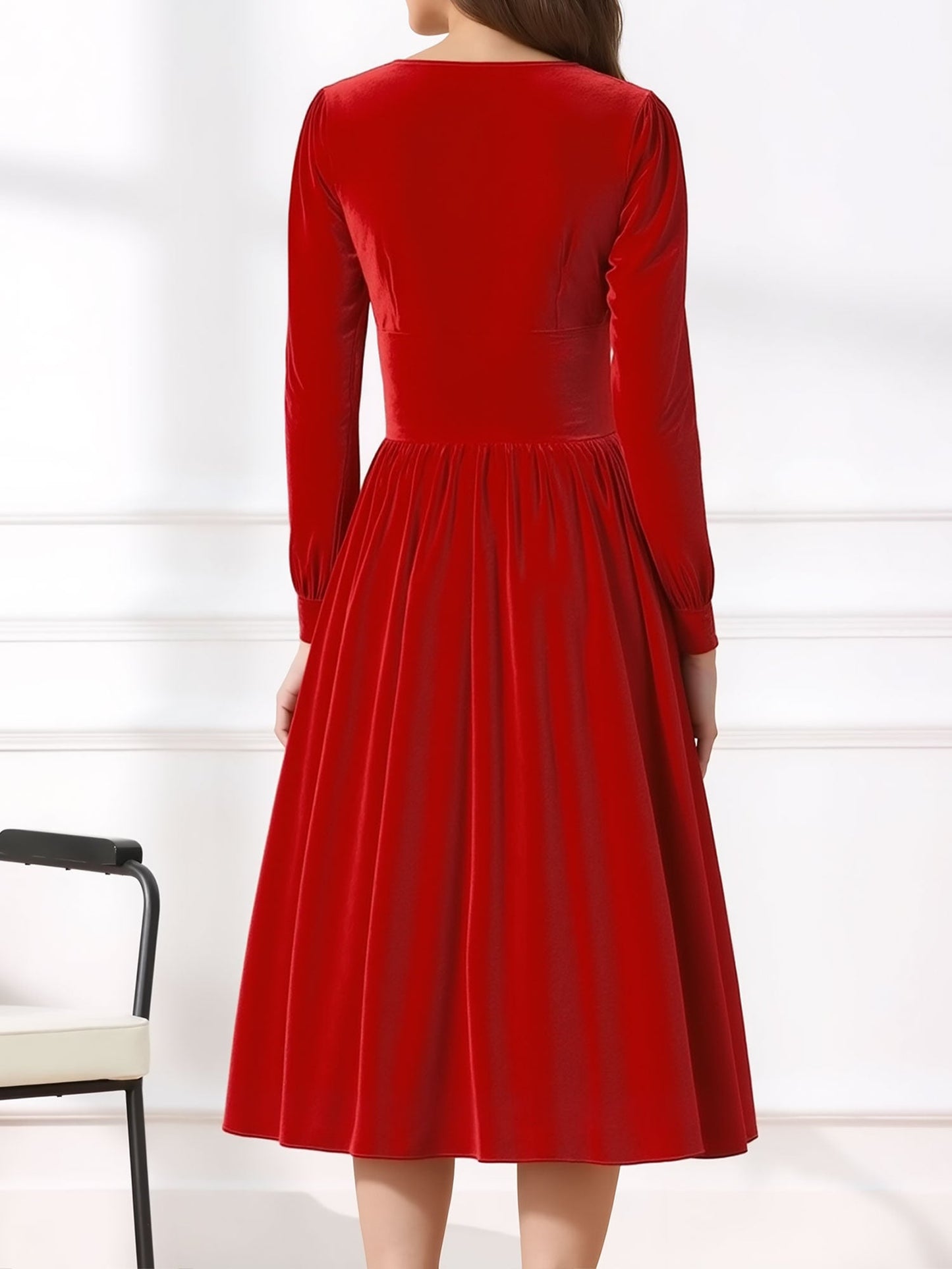 Square Neck Long Sleeve Velvet Christmas A-Line Dress