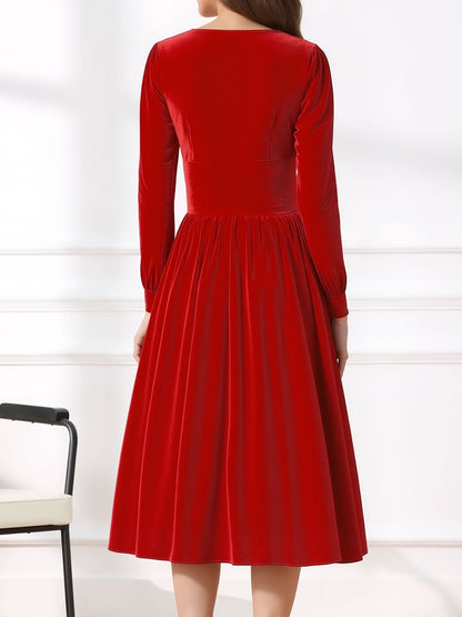 Square Neck Long Sleeve Velvet Christmas A-Line Dress