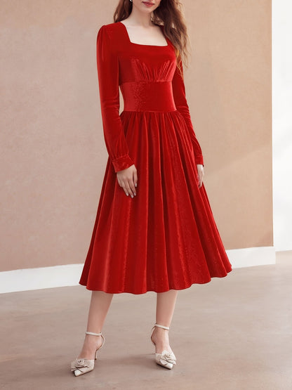 Square Neck Long Sleeve Velvet Christmas A-Line Dress