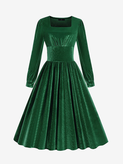 Square Neck Long Sleeve Velvet Christmas A-Line Dress