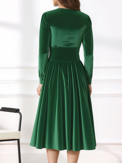 Square Neck Long Sleeve Velvet Christmas A-Line Dress