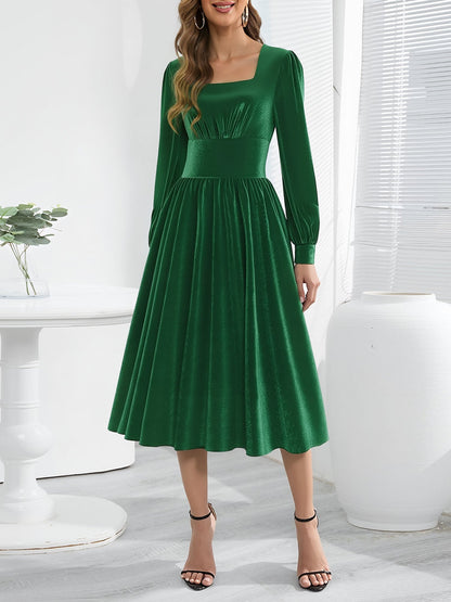 Square Neck Long Sleeve Velvet Christmas A-Line Dress