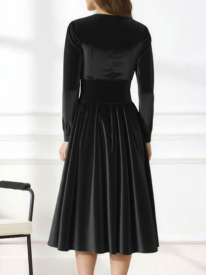 Square Neck Long Sleeve Velvet Christmas A-Line Dress