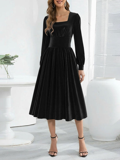 Square Neck Long Sleeve Velvet Christmas A-Line Dress