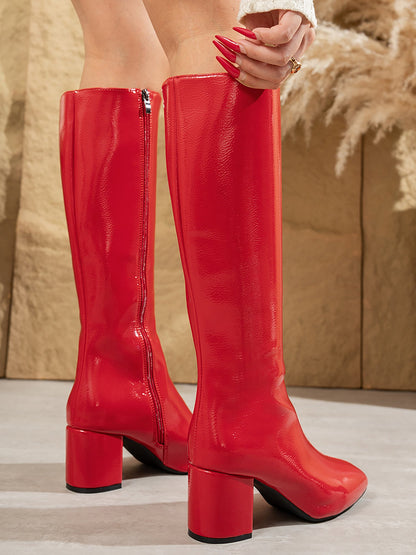 Side Zipper Chunky Heel Square Toe Knee Hight Boots