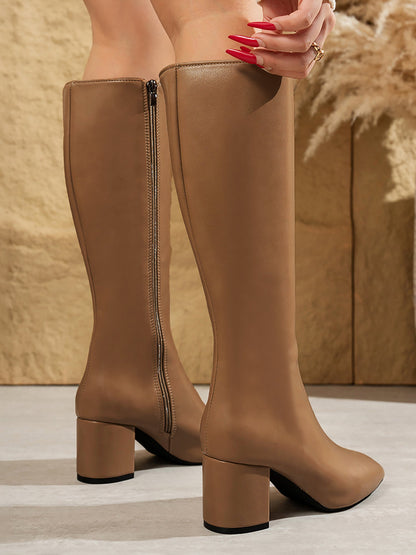Side Zipper Chunky Heel Square Toe Knee Hight Boots