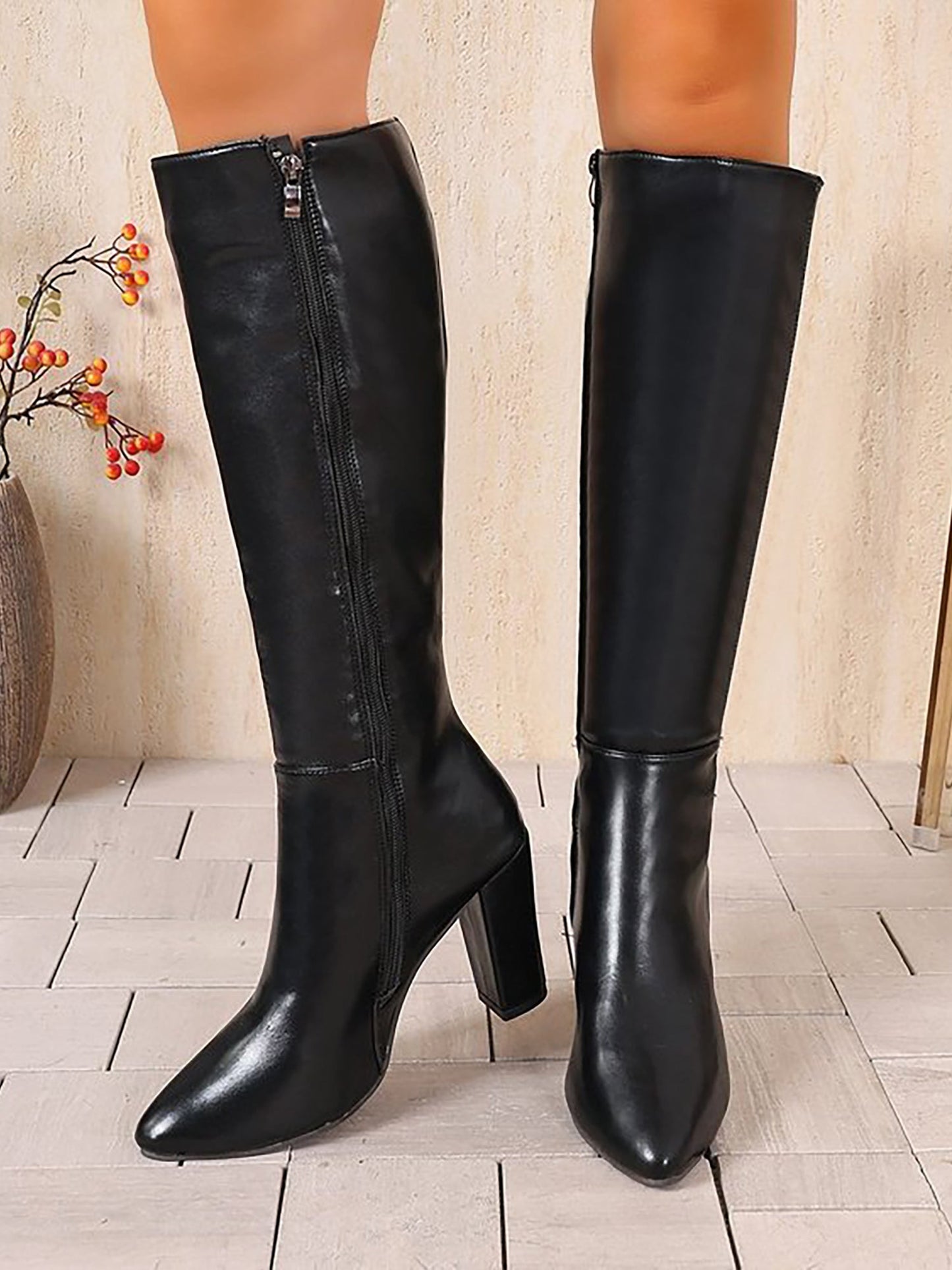 Pointed Toe Faux Leather Chunky Heel Riding Boots