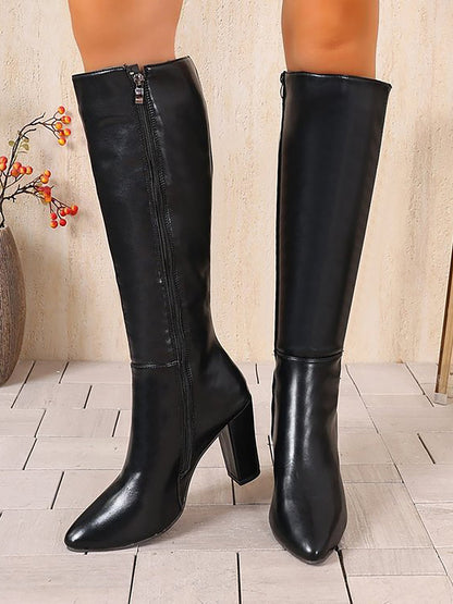 Pointed Toe Faux Leather Chunky Heel Riding Boots