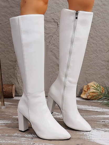 Pointed Toe Faux Leather Chunky Heel Riding Boots