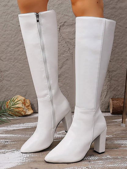 Pointed Toe Faux Leather Chunky Heel Riding Boots