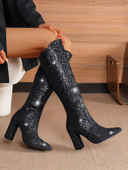 Glitter Sequined Chunky Heels Round Toe Knee High Boots