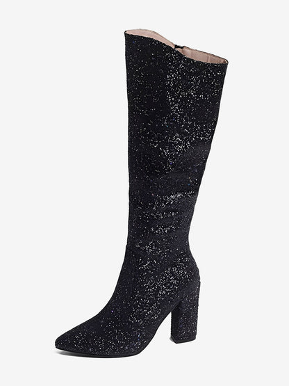 Glitter Sequined Chunky Heels Round Toe Knee High Boots