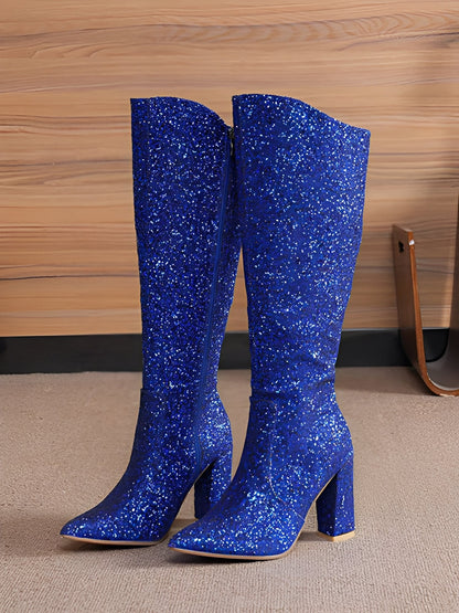 Glitter Sequined Chunky Heels Round Toe Knee High Boots