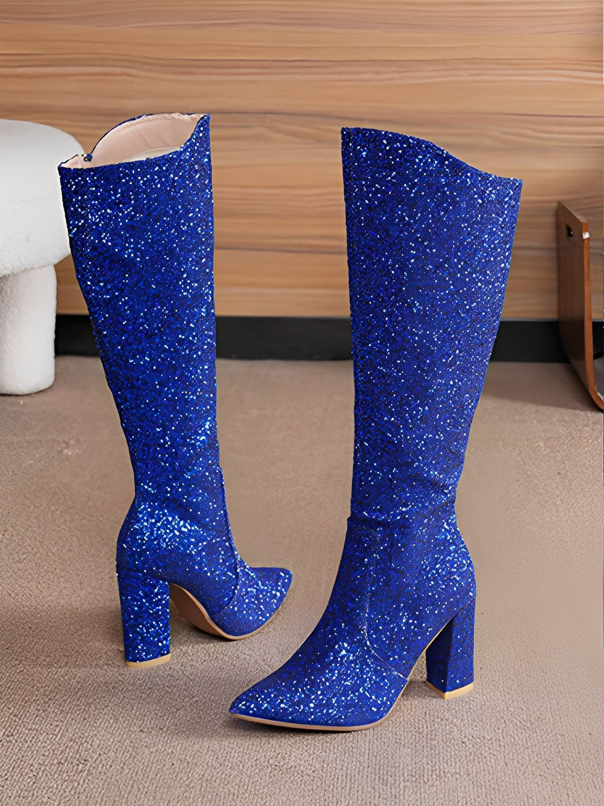 Glitter Sequined Chunky Heels Round Toe Knee High Boots