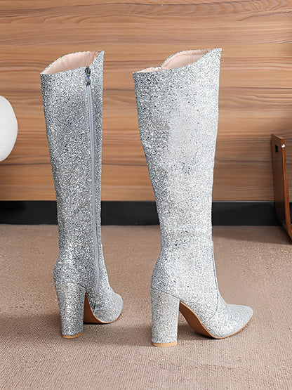 Glitter Sequined Chunky Heels Round Toe Knee High Boots