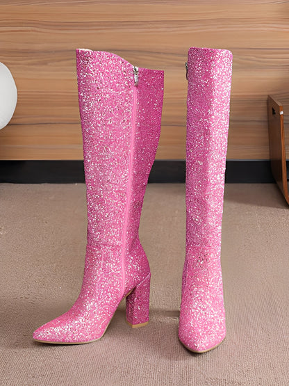 Glitter Sequined Chunky Heels Round Toe Knee High Boots