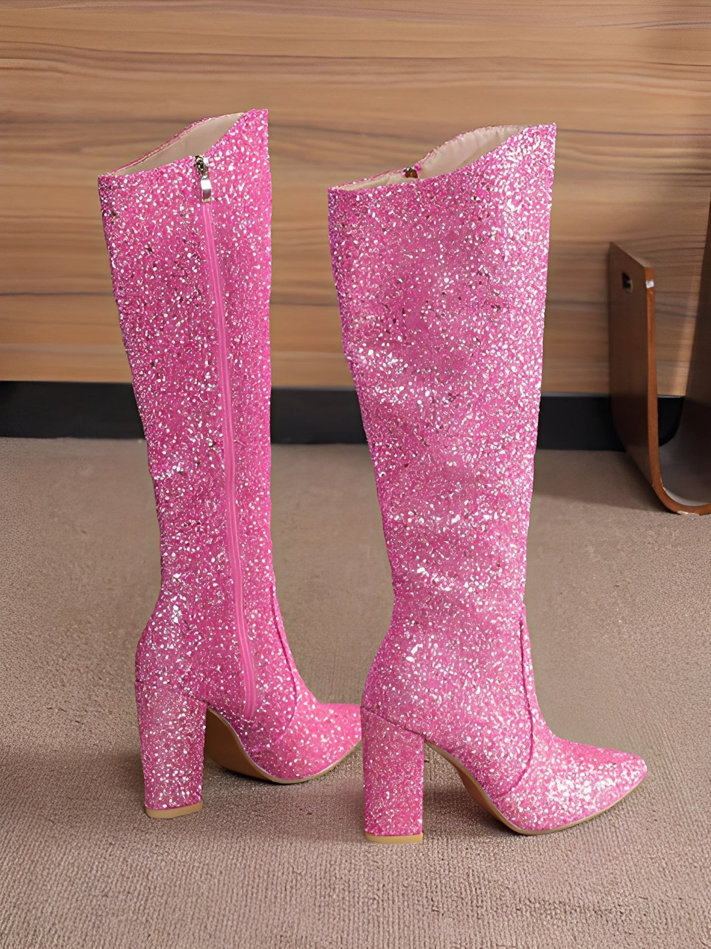 Glitter Sequined Chunky Heels Round Toe Knee High Boots