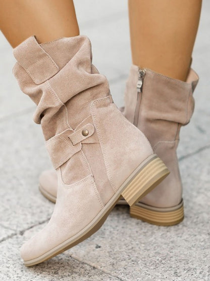 Faux Suede Low Heel Round Toe Ankle Boots