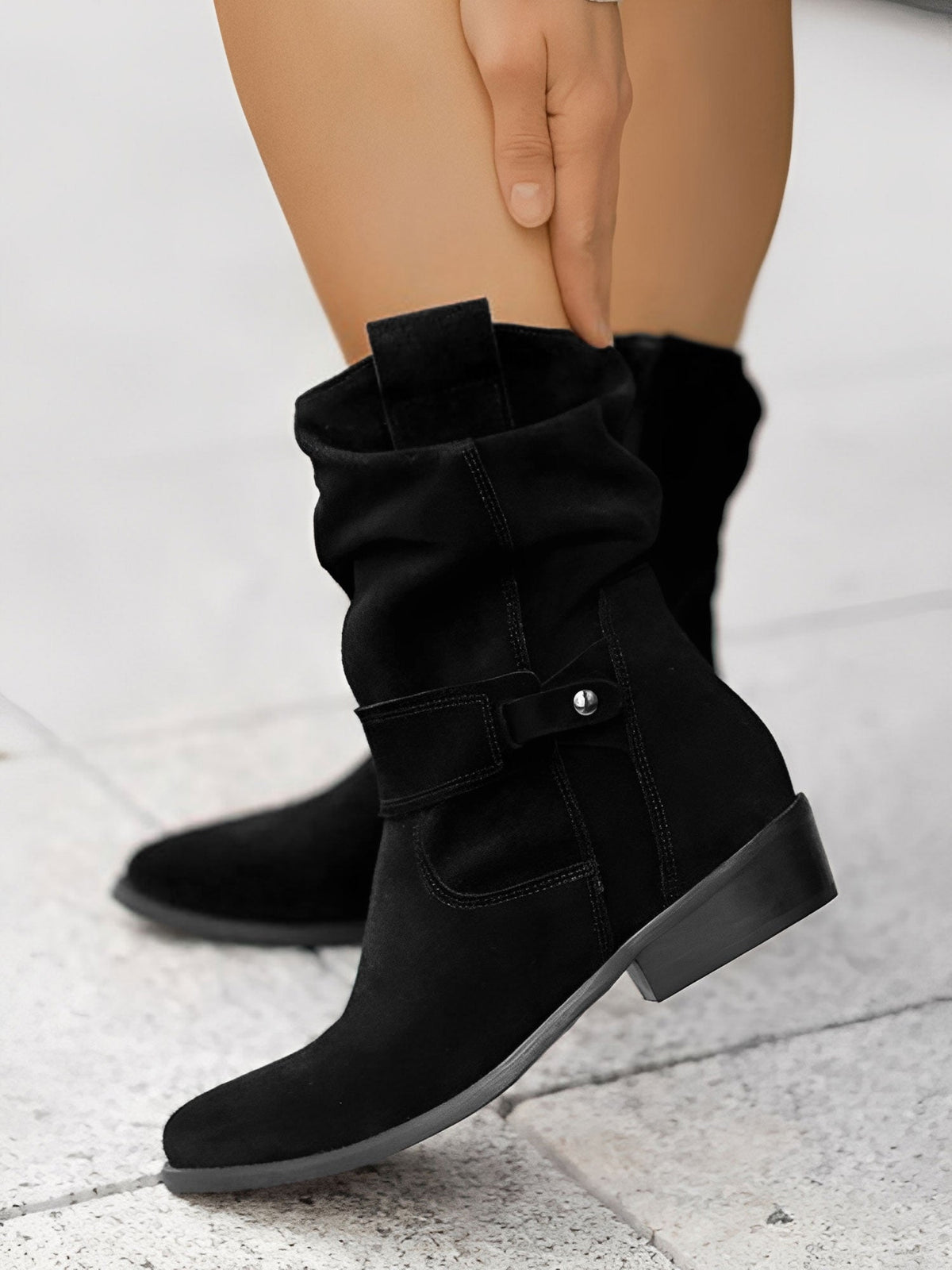 Faux Suede Low Heel Round Toe Ankle Boots