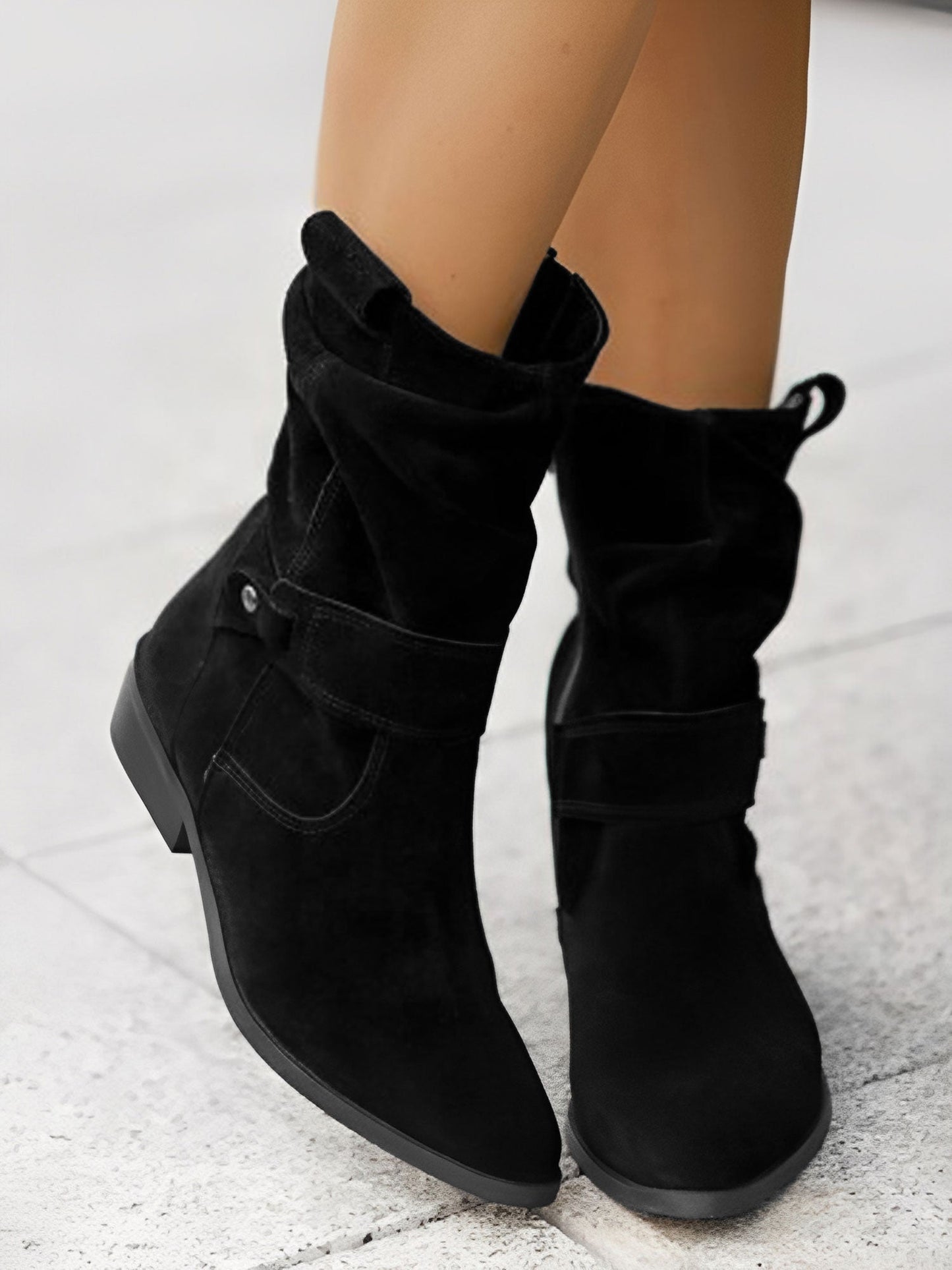 Faux Suede Low Heel Round Toe Ankle Boots