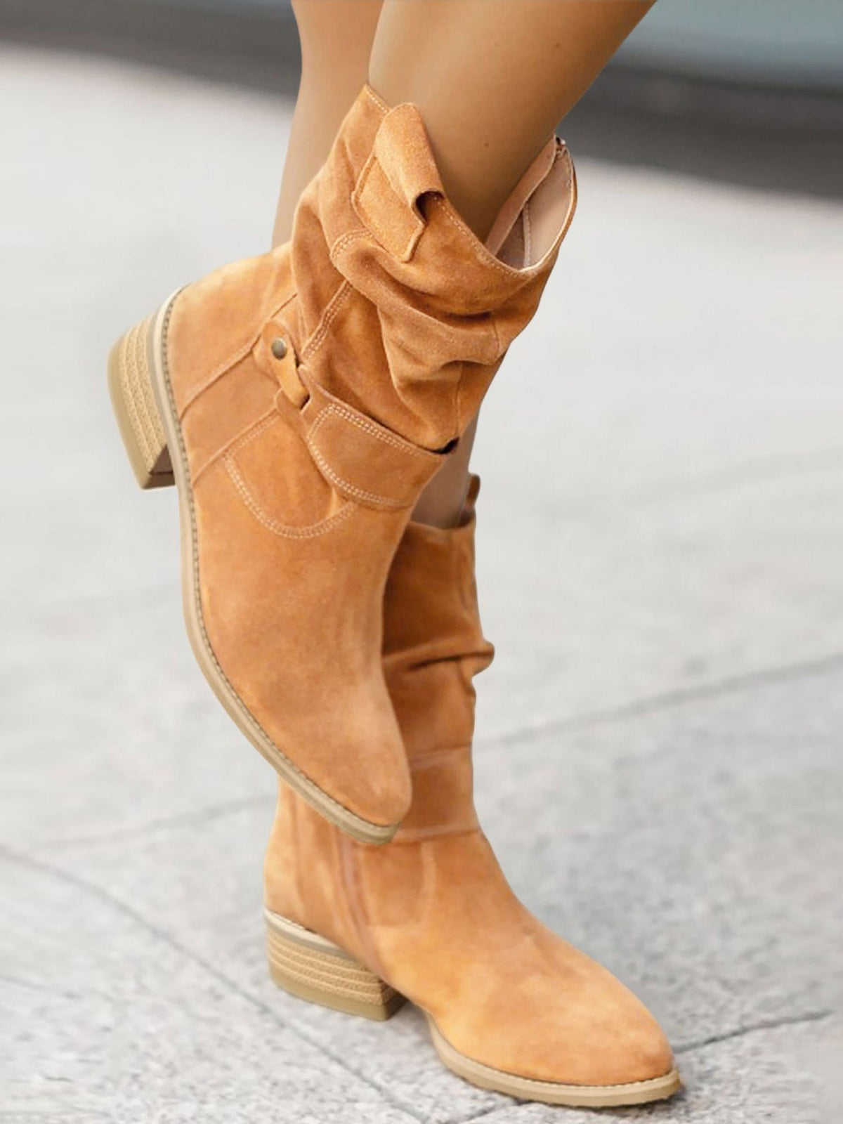 Faux Suede Low Heel Round Toe Ankle Boots