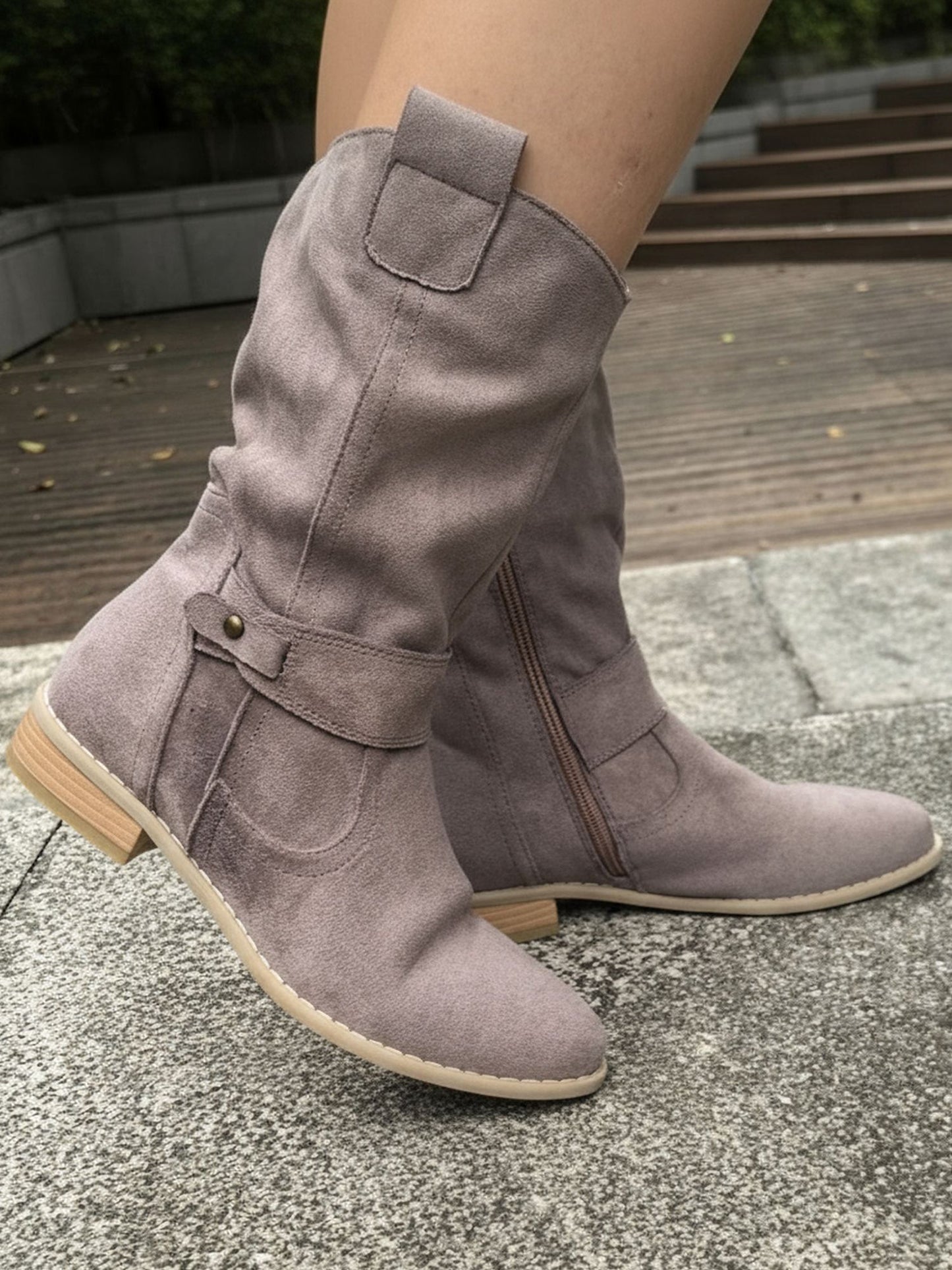 Faux Suede Low Heel Round Toe Ankle Boots
