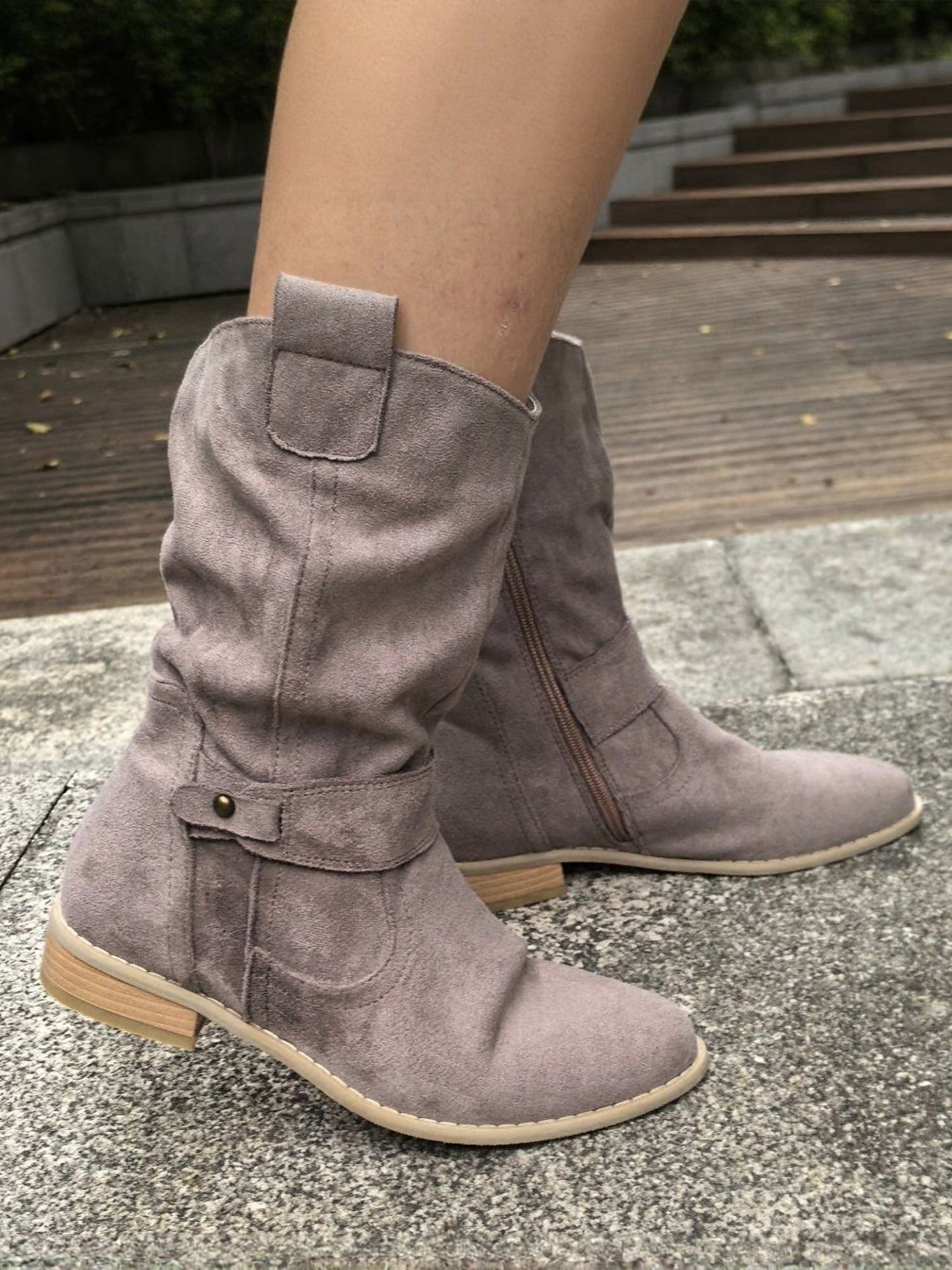 Faux Suede Low Heel Round Toe Ankle Boots