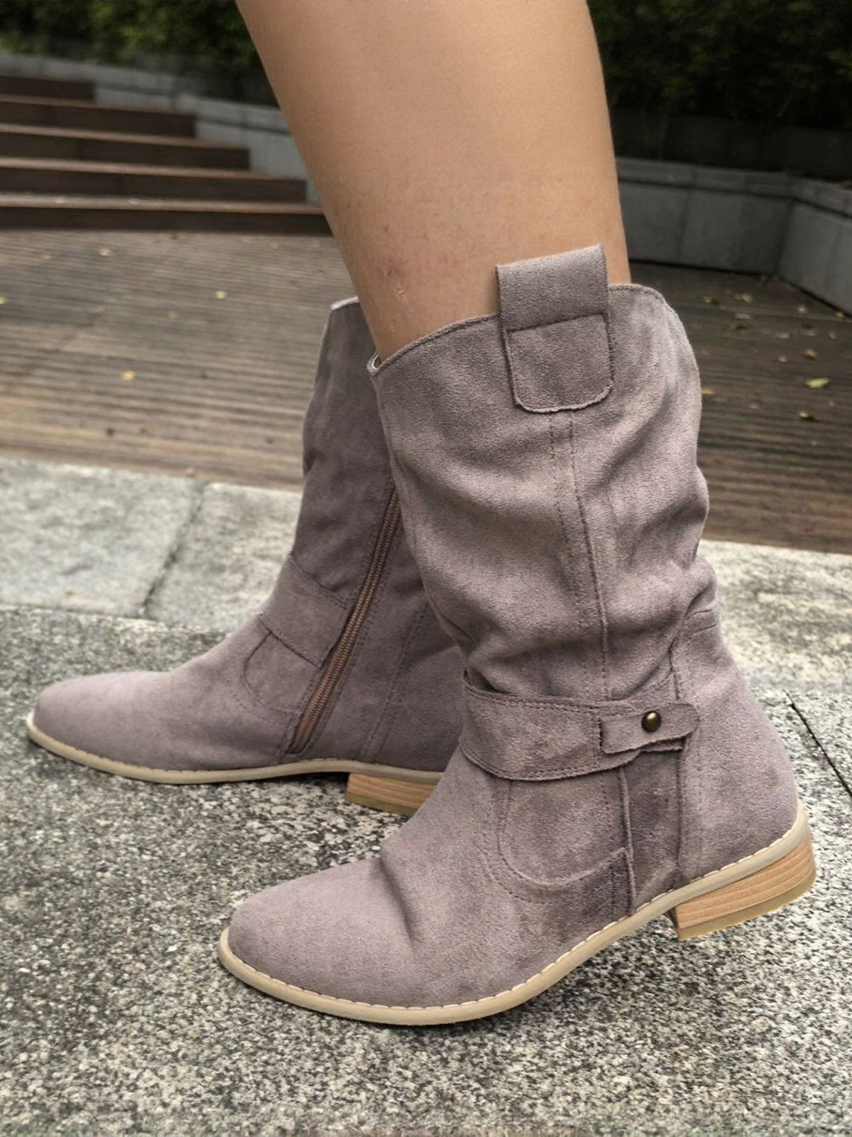 Faux Suede Low Heel Round Toe Ankle Boots