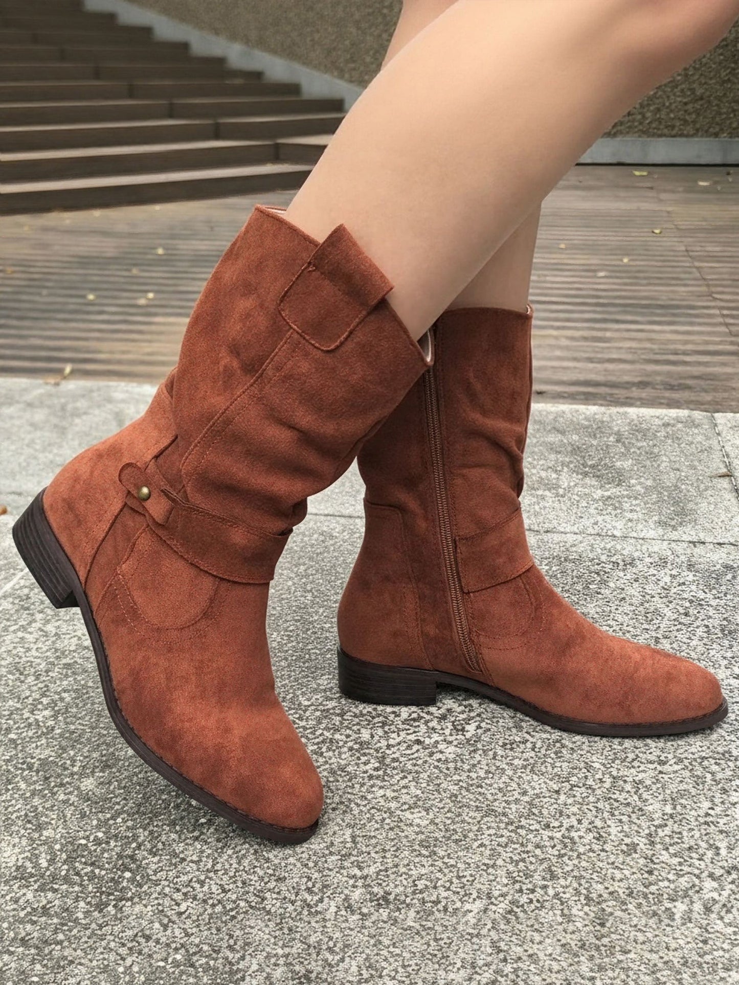 Faux Suede Low Heel Round Toe Ankle Boots