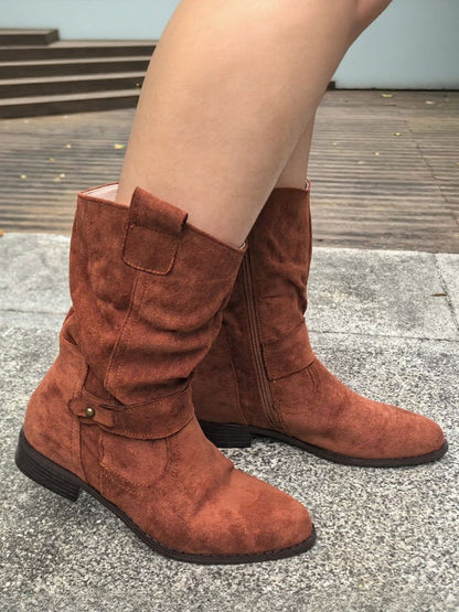 Faux Suede Low Heel Round Toe Ankle Boots