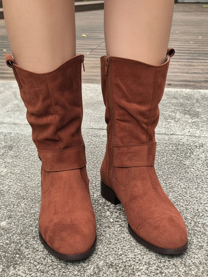 Faux Suede Low Heel Round Toe Ankle Boots