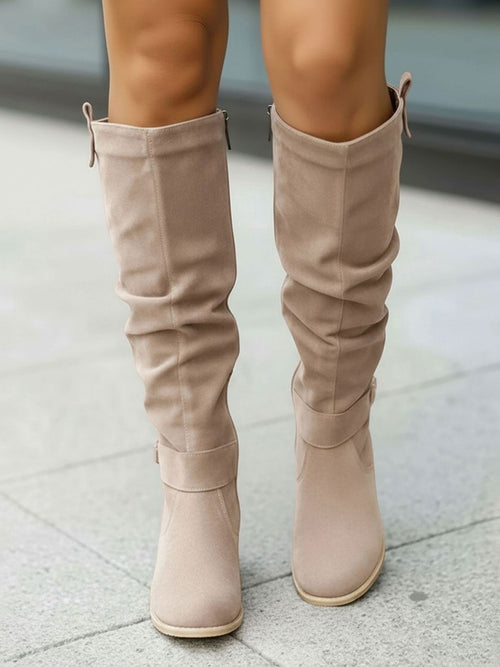 Faux Suede Round Toe Side Zipper Knee High Boots